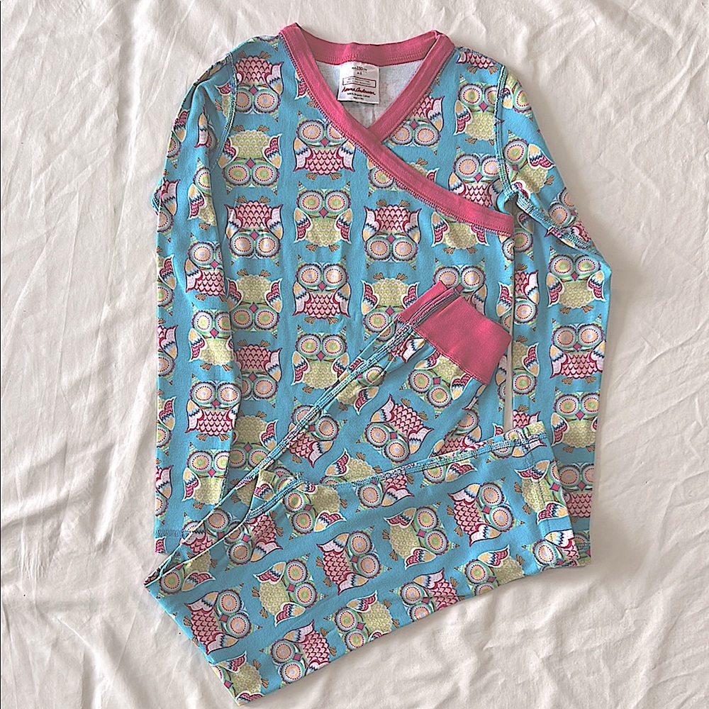 Hanna Andersson Blue and Pink Owl Long Johns, Size 8.
